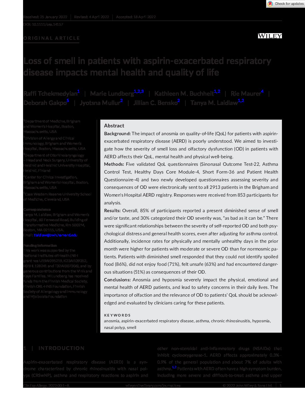 2022 Clin Experimental Allergy - Loss of smell in patients with aspirin‐exacerbated respiratory disease 3